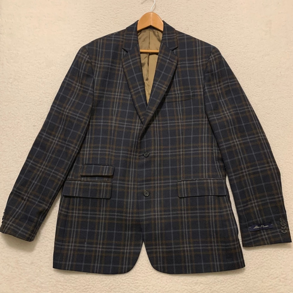 Alan Flusser Wool Blend Plaid Sport Coat Blazer 42L Navy Brown Ticket Pocket